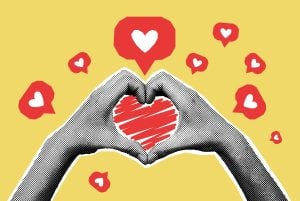 illustration of hands making shape of a heart. Social media like icons in the background.
