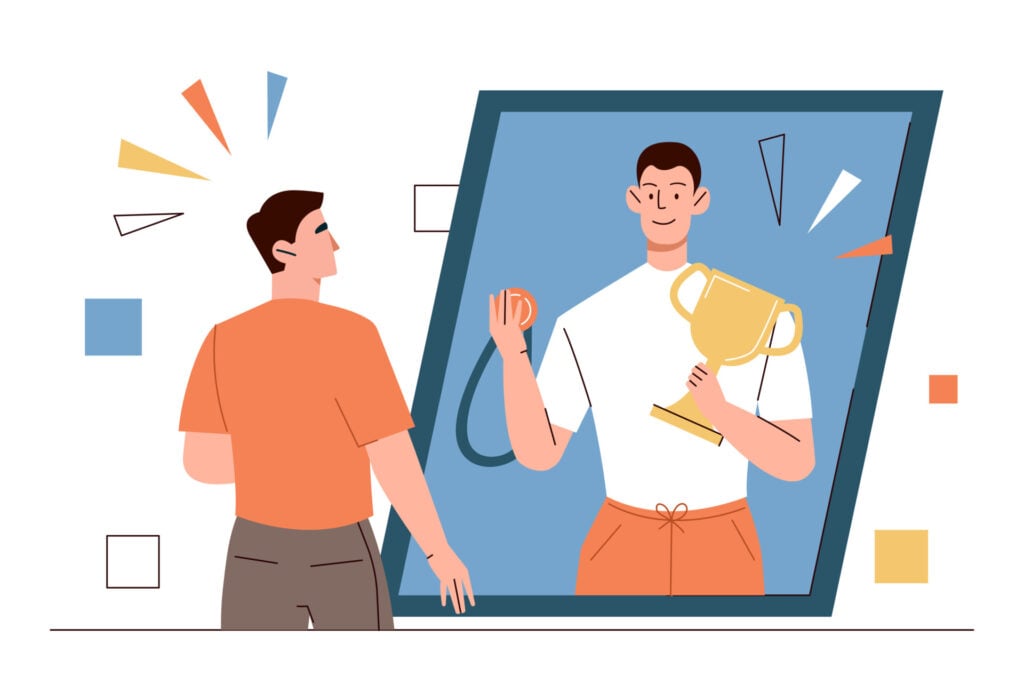 What Is Sports Psychology? 1 Dreaming near mirror concept. Young man with normal lifestyle looks at reflection and imagines himself successful athlete or sportsman with gold medal or trophy. Cartoon flat vector illustration
