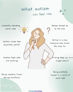 A mindmap infographic with a confused woman in the centre, titled "what autism can feel like" - different feelings surrounding the figure such as constantly decoding social rules and finding deep joy in a single passion.